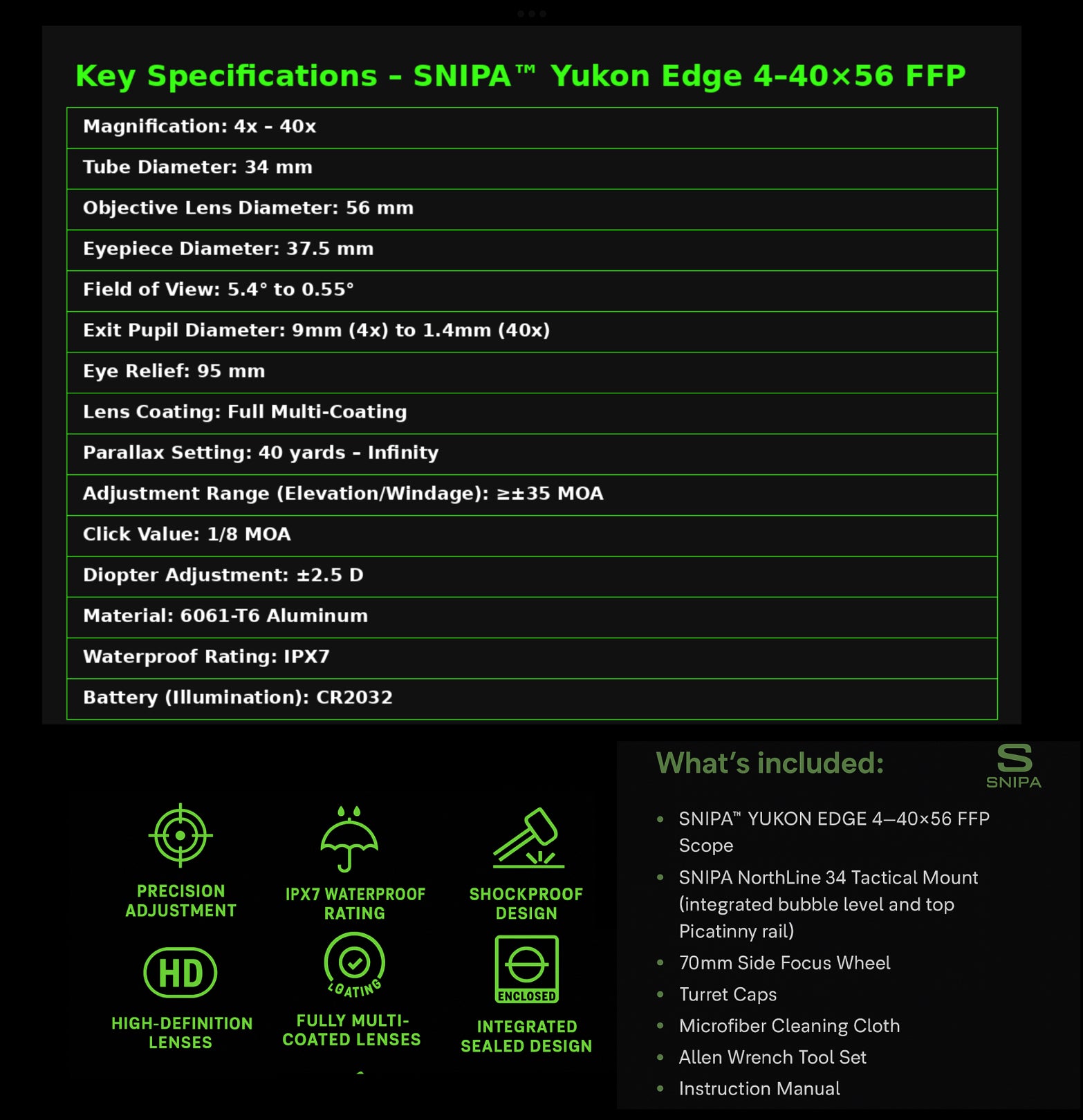 SNIPA™ Yukon Edge 4–40×56 FFP Rifle Scope – 34mm Tube, Illuminated MOA Reticle, 1/8 MOA Turrets, IPX7 Waterproof, NorthLine Mount + Focus Wheel